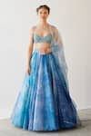 Buy_Cedar & Pine_Blue Organza Printed Foil Sweetheart Neck Lehenga Set _at_Aza_Fashions