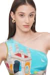 Limerick By Abirr N' Nanki_Blue Crepe Miniature Mughal Pattern One Shoulder Cres Crop Top _at_Aza_Fashions