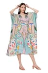Buy_Limerick By Abirr N' Nanki_Blue Crepe Peacock, Botanical, Elephant V Neck Cruz Pattern Kaftan _Online_at_Aza_Fashions