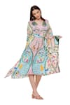 Shop_Limerick By Abirr N' Nanki_Blue Crepe Peacock, Botanical, Elephant V Neck Cruz Pattern Kaftan _Online_at_Aza_Fashions