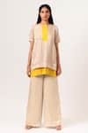 Buy_Neora By Nehal Chopra_Beige Sustainable Silk Round Color Block Panelled Top And Pant Set _at_Aza_Fashions