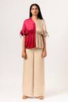 Buy_Neora By Nehal Chopra_Beige Sustainable Silk Collared Neck Color Block Half Sleeve Top And Pant Set _at_Aza_Fashions