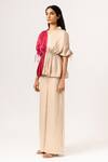 Buy_Neora By Nehal Chopra_Beige Sustainable Silk Collared Neck Color Block Half Sleeve Top And Pant Set _Online_at_Aza_Fashions