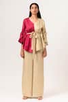 Buy_Neora By Nehal Chopra_Beige Sustainable Silk V Neck Batwing Sleeve Top And Pant Set _at_Aza_Fashions