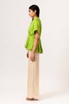 Buy_Neora By Nehal Chopra_Beige Sustainable Silk Band Collar Color Block Peplum And Pant Set _Online_at_Aza_Fashions