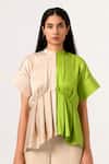 Shop_Neora By Nehal Chopra_Beige Sustainable Silk Band Collar Color Block Peplum And Pant Set _Online_at_Aza_Fashions