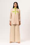 Buy_Neora By Nehal Chopra_Beige Sustainable Silk Band Collar Full Sleeve Top And Pant Set _at_Aza_Fashions