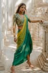 Buy_Nikita Vishakha_Green Crepe Mirror, Resham, Metal Sequin Work, Ombre Skirt Saree With Blouse _Online_at_Aza_Fashions