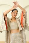 Buy_Twenty Nine_Beige Georgette Embroidered Mirror Work Kimono Sleeve Cherry Blosson Jacket _Online_at_Aza_Fashions