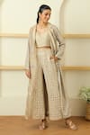 Buy_Twenty Nine_Beige Embroidered Mirror Work Notched Lapel Collar Cherry Blosson Long Jacket _at_Aza_Fashions