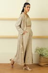 Twenty Nine_Beige Embroidered Mirror Work Notched Lapel Collar Cherry Blosson Long Jacket _Online_at_Aza_Fashions