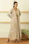 Buy_Twenty Nine_Beige Embroidered Mirror Work Notched Lapel Collar Cherry Blosson Long Jacket _Online_at_Aza_Fashions