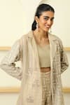 Shop_Twenty Nine_Beige Embroidered Mirror Work Notched Lapel Collar Cherry Blosson Long Jacket _Online_at_Aza_Fashions