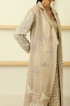 Twenty Nine_Beige Embroidered Mirror Work Notched Lapel Collar Cherry Blosson Long Jacket _at_Aza_Fashions