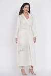 Twenty Nine_White Embroidered Mirror Work Notched Lapel Collar Cherry Blosson Long Jacket _Online_at_Aza_Fashions