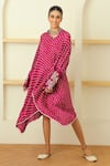 Buy_Twenty Nine_Pink Gajji Silk Tie And Dye Bandhani V Neck Asymmetric Tunic _at_Aza_Fashions