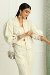 Buy_Twenty Nine_Off White "georgette Mirror And Bead Cape Open Neck Cherry Blossom Frill Jacket _Online_at_Aza_Fashions