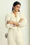 Shop_Twenty Nine_Off White "georgette Mirror And Bead Cape Open Neck Cherry Blossom Frill Jacket _Online_at_Aza_Fashions