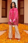 Buy_Twenty Nine_Pink Gajji Silk Tie And Dye Bandhani High Neck Bow Frill Collar Tunic _at_Aza_Fashions