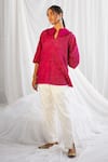 Buy_Twenty Nine_Fuchsia Crushed Silk Bandhani Wide Collar Top _at_Aza_Fashions
