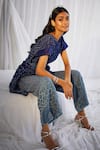 Twenty Nine_Blue Crushed Silk Tie And Dye Bandhani Boat High Low Top _Online_at_Aza_Fashions