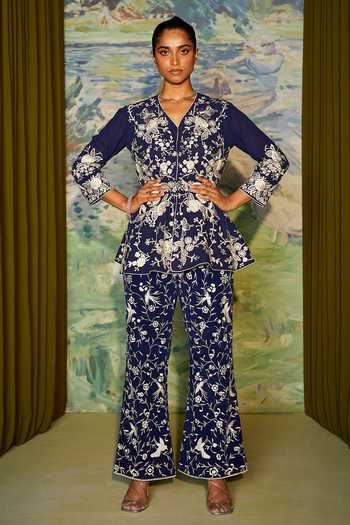 Buy_Twenty Nine_Blue Georgette Parsi Gara V Neck Work Peplum Top _at_Aza_Fashions