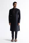 Buy_Kaha_Black Linen Solid Band Collar Kurta  _Online_at_Aza_Fashions