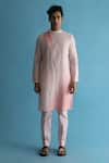 Kaha_Pink Linen Asymmetric Pintuck Detail Meadowp Ombre Effect Kurta  _Online_at_Aza_Fashions