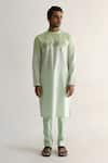 Buy_Kaha_Green Linen Pintuck Berylg Geometric Detail Kurta With Pant _Online_at_Aza_Fashions