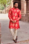 Nitesh Singh Chauhan_Red Silk Brocade Kurta And Pant Set_Online_at_Aza_Fashions