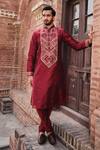 Shop_Nitesh Singh Chauhan_Maroon Chanderi Art Silk Embroidered Rajasthani Kurta Set  _at_Aza_Fashions