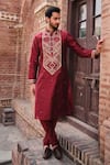Shop_Nitesh Singh Chauhan_Maroon Chanderi Art Silk Rajasthani Embroidered Kurta Set_Online_at_Aza_Fashions