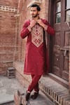 Buy_Nitesh Singh Chauhan_Maroon Chanderi Art Silk Embroidered Rajasthani Kurta Set  _at_Aza_Fashions