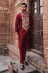 Buy_Nitesh Singh Chauhan_Maroon Chanderi Art Silk Embroidered Rajasthani Kurta Set  _Online_at_Aza_Fashions