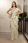 Buy_Jade By Ashima_Green Crepe Embroidery One Shoulder Pre-draped Ruffle Saree With Blouse _at_Aza_Fashions