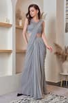 Buy_Jade By Ashima_Grey Georgette Embellishment Thread Round Pre-draped Saree With Blouse_at_Aza_Fashions