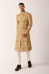 Dhruv Vaish_Yellow Cotton Silk Embroidered Floral Motifs Sherwani Set  _Online_at_Aza_Fashions