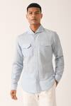 Buy_Dhruv Vaish_Blue Cotton Linen Seamless Collar Shirt_at_Aza_Fashions