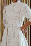 Buy_Sruti Dalmia_White Handwoven Pure Cotton Striped Band Puff Sleeve Dress  _Online_at_Aza_Fashions