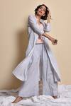 Kanika Sharma_Blue Inner Doby  Jacket Modal Pant Flared Set With Long _Online_at_Aza_Fashions