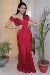 Buy_Dheeru Taneja_Red Net, Self Georgette One Shoulder Pre-draped Saree With Embroidered Blouse _at_Aza_Fashions