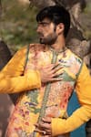 Soniya G_Yellow Handloom Silk Printed Abstract Bundi And Kurta Set_Online_at_Aza_Fashions