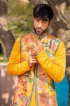 Shop_Soniya G_Yellow Handloom Silk Printed Abstract Bundi And Kurta Set_Online_at_Aza_Fashions