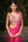 Buy_Soniya G_Fuchsia Handmade Cotton Embroidery Striped Pattern Pre-draped Saree With Blouse _Online_at_Aza_Fashions