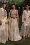 Shop_Soniya G_Ivory Handmade Cotton Embroidery Sequins Scoop Lurex Striped Pattern Lehenga Set _at_Aza_Fashions