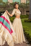 Soniya G_Ivory Handmade Cotton Embroidery Sequins Cutwork Striped Pattern Lehenga Set _Online_at_Aza_Fashions