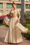 Shop_Soniya G_Ivory Handmade Cotton Embroidery Sequins Cutwork Striped Pattern Lehenga Set _Online_at_Aza_Fashions