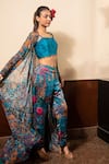 Soniya G_Blue Satin Printed Floral And Bird Cape Open Pant Set _Online_at_Aza_Fashions