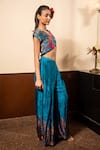 Soniya G_Blue Satin Printed Floral V Neck Top And Pleated Pant Set _Online_at_Aza_Fashions