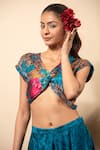 Buy_Soniya G_Blue Satin Printed Floral V Neck Top And Pleated Pant Set _Online_at_Aza_Fashions